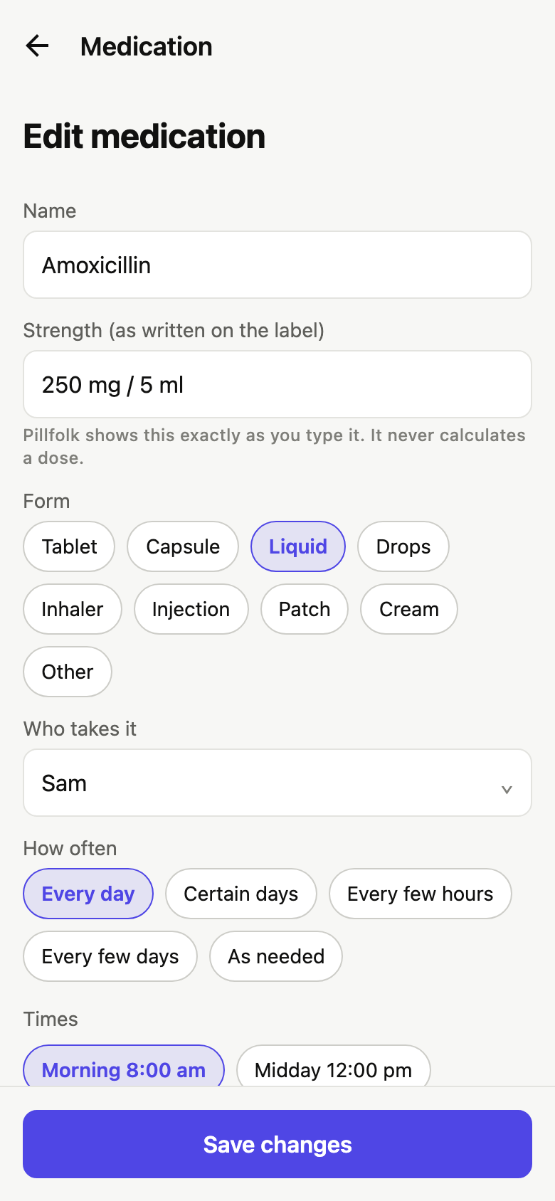 Pillfolk editor screen. Med editor: the schedule builder with daily, weekdays, every N hours, every N days and as needed.
