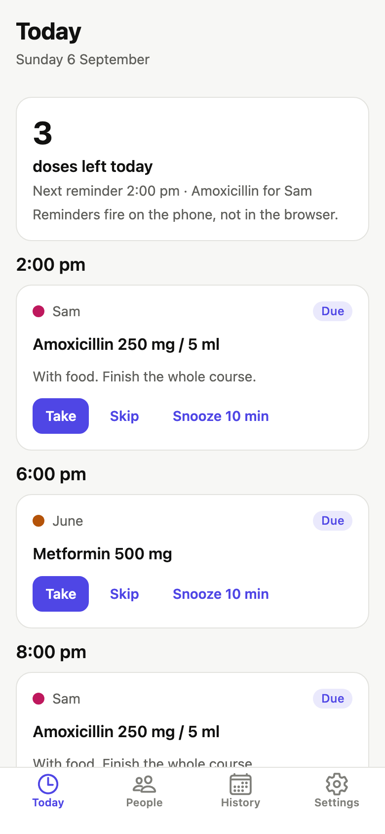 Pillfolk today screen. Today: the count leads, then cards by time and person, with Take and Skip.